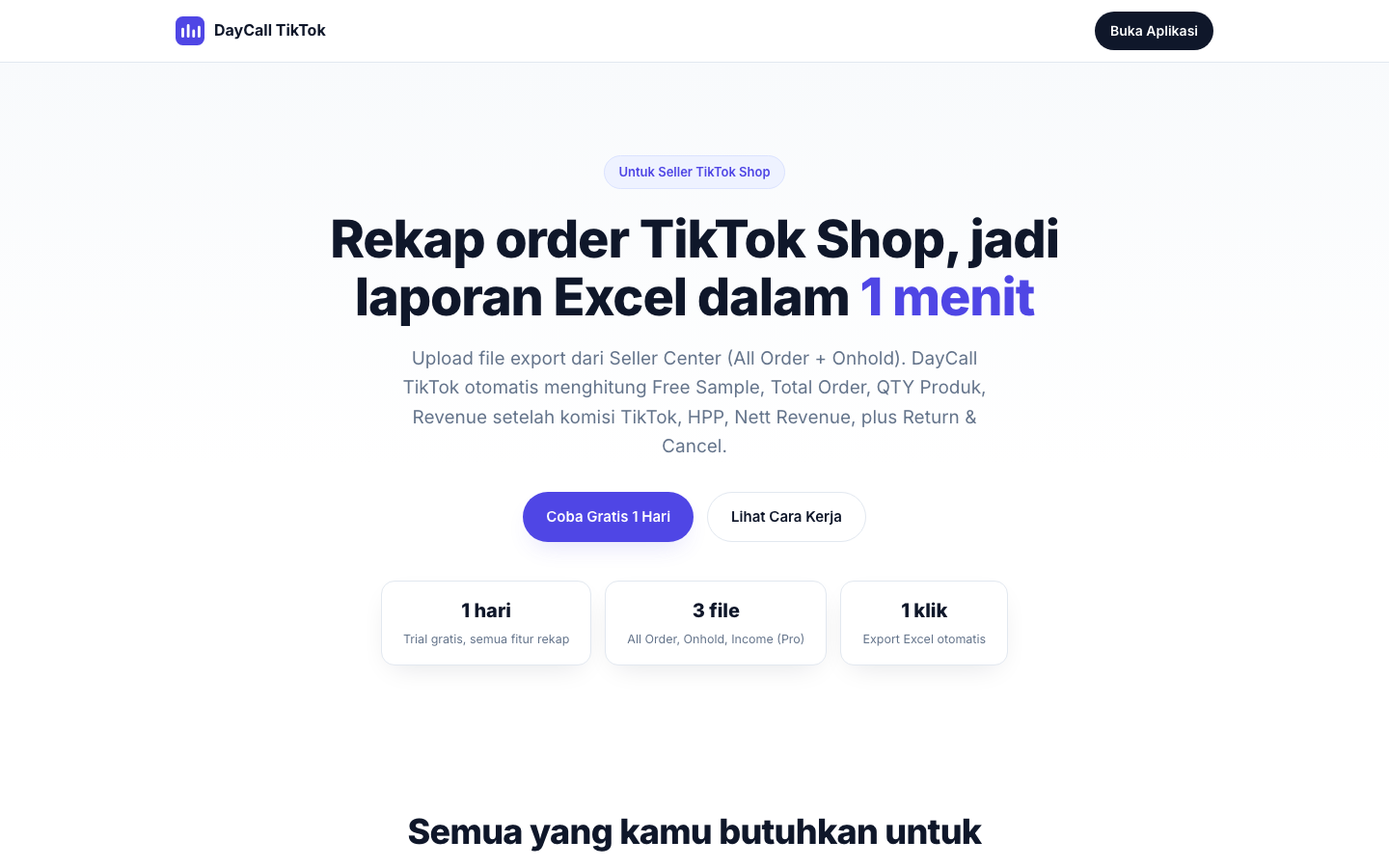 DayCall TikTok — Tools Keuangan TikTok Shop